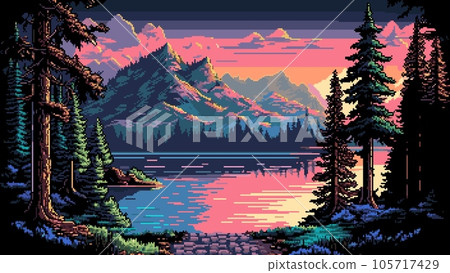 Evening sunset on mountain lake landscape. AI generated 8 bit pixel game scene with sunset over lake water. Vector nature background with scenery view of mountain peaks, forest trees and pink sky Evening sunset on mountain lake landscape. AI generated 8 bit pixel game scene with sunset over lake water. Vector nature background with scenery view of mountain peaks, forest trees and pink sky 105717429