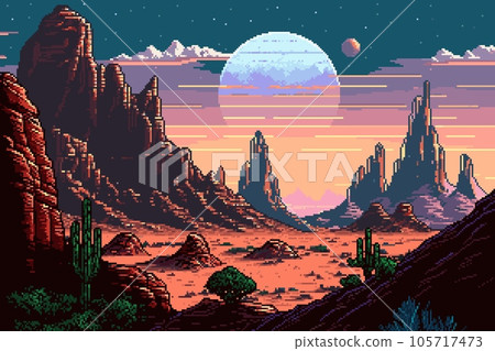 Wild west mountains landscape. Ai generated 8bit pixel game scene background. Futuristic night arid western land with rocks, sand and cacti, stretching across the horizon with moon and satellite 105717473