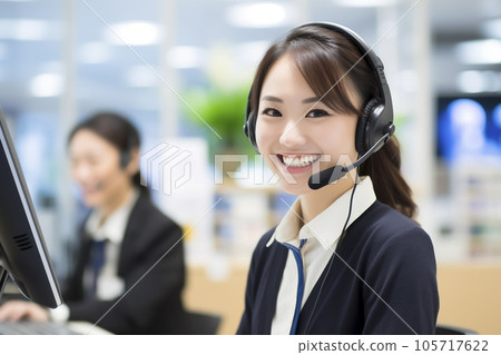 日本女性呼叫中心和客戶支持電話接線員“AI生成圖像” 105717622