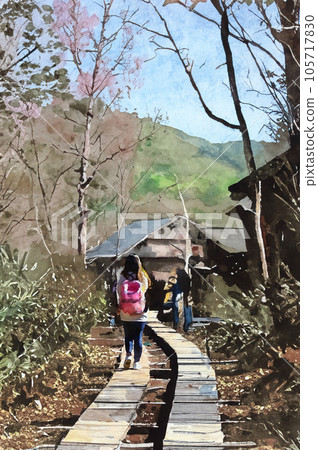 攀登，一位年輕女子走向山間小屋（水彩）生成人工智能 105717830