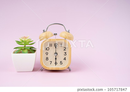 A Wooden alarm clock and plant pot on pink color floor with copy space for your design. 105717847
