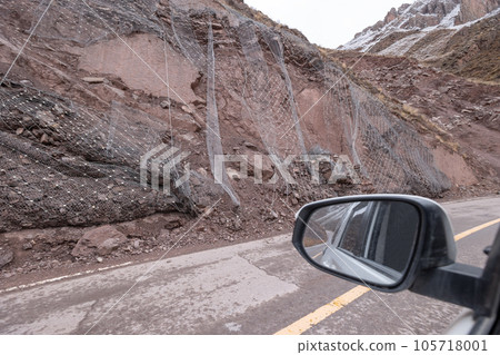 Driving car on the landslide road, China Driving car on the landslide road, China 105718001