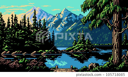 Mountain lake landscape. AI generated 8bit pixel game scene. 8bit arcade background, 16 bit console vector wallpaper or vintage 2d videogame backdrop with snowy mountains, forest trees and lake Mountain lake landscape. AI generated 8bit pixel game scene. 8bit arcade background, 16 bit console vector wallpaper or vintage 2d videogame backdrop with snowy mountains, forest trees and lake 105718085