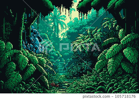8 bit pixel jungle forest landscape, AI generated. Rainforest retro pixel art game background with vector tropical trees, green leaf plants, palms and lianas. Jungle forest nature game backdrop 105718176