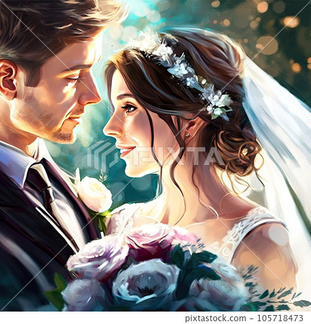 Couple on wedding ceremony, happy spouse marriage ai generated cartoon characters. Portrait of romantic couple on wedding ceremony, loving man and woman in bridal gown Couple on wedding ceremony, happy spouse marriage ai generated cartoon characters. Portrait of romantic couple on wedding ceremony, loving man and woman in bridal gown 105718473
