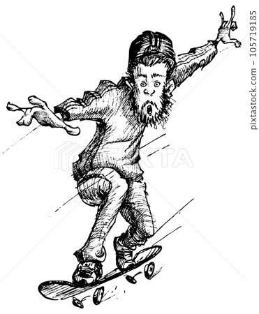 Drawing of a young man riding skateboard. Illustration of skater doing tricks hand drawn. 105719185