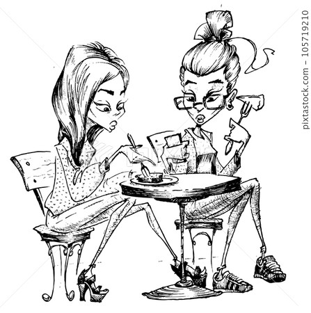 Two cute girls having dinner or desserts. Cartoon sketch illustration hand drawn. Vector 105719210