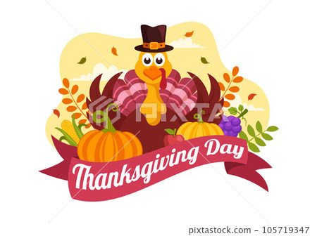Happy Thanksgiving Day Vector Illustration with Turkey Bird, Pumpkin, Leaves and Many Others Elements Background Flat Cartoon Hand Drawn Templates 105719347