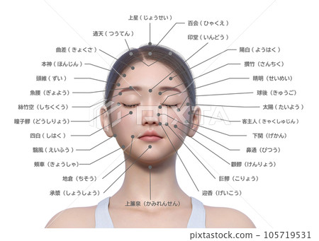 一位閉著眼睛的女性的3D插圖,展示了臉部穴位按摩點、上半身和正面視角。 一位閉著眼睛的女性的3D插圖,展示了臉部穴位按摩點、上半身和正面視角。 105719531