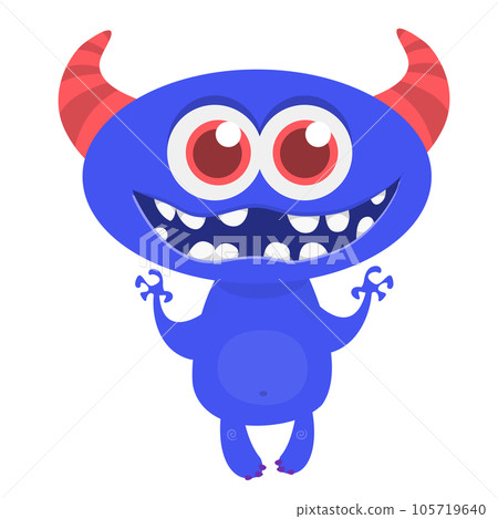 Funny cartoon smiling monster character. Illustration of cute and happy mythical alien creature. Halloween design Funny cartoon smiling monster character. Illustration of cute and happy mythical alien creature. Halloween design 105719640