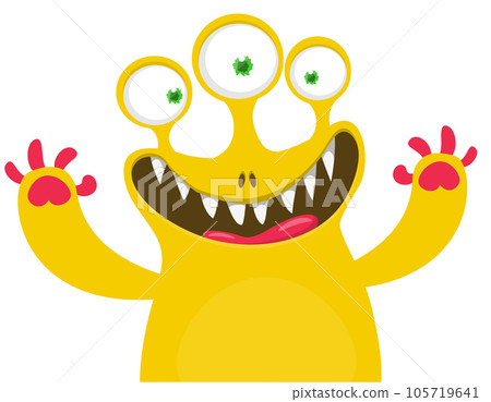 Funny cartoon smiling monster character. Illustration of cute and happy mythical alien creature. Halloween design Funny cartoon smiling monster character. Illustration of cute and happy mythical alien creature. Halloween design 105719641