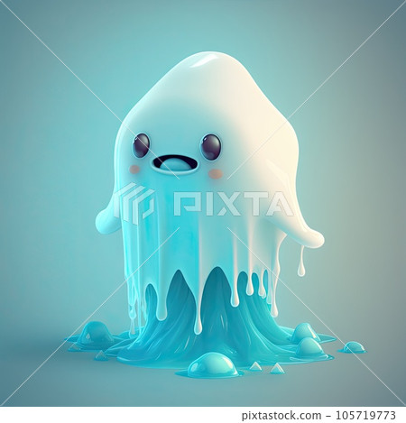 Flying phantom cartoon character, comic baby boo with bubbles, ai generated illustration. Jelly candy bubblegum, scared funny ghost, mysterious magic spirit with kind face expression 105719773