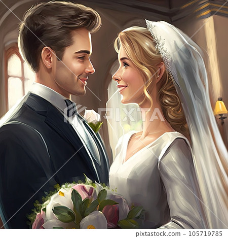 Loving bride and groom looking at each other, ai generated romantic couple. Cartoon characters newlywed spouse on marriage party, married people at wedding ceremony, bridal bouquet 105719785