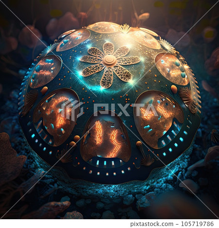 Mushroom glowing spores, bokeh fungi with glowing sparkles ai generated illustration. Extraterrestrial neon magical mushroom on blurred background, fairytale fungi 105719786