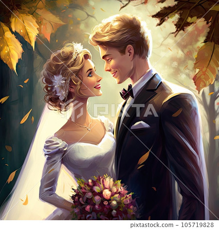 Romantic couple on wedding ceremony in autumn forest, ai generated cartoon characters. Bride with flower bouquet, loving man and woman in bridal gown, engagement party on nature Romantic couple on wedding ceremony in autumn forest, ai generated cartoon characters. Bride with flower bouquet, loving man and woman in bridal gown, engagement party on nature 105719828
