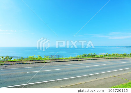 Hokkaido blue sky and seaside road 105720115
