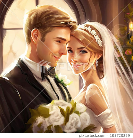 Fairy tale couple in wedding gown standing near... - Stock Illustration  [105720259] - PIXTA