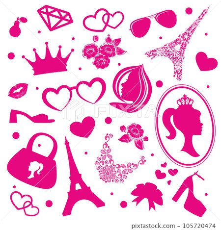 Pink doll accessories silhouettes set 105720474
