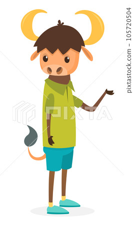 Cartoon funny and happy bul or buffalo wearing modern fancy style clothes. Vector illustration isolated. Cartoon funny and happy bul or buffalo wearing modern fancy style clothes. Vector illustration isolated. 105720504