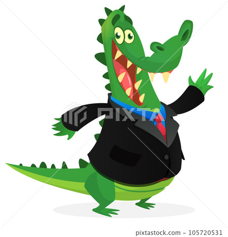 Cartoon funny smiling crocodile wearing toxedo or business suit.  Vector illustration of green aligator 105720531