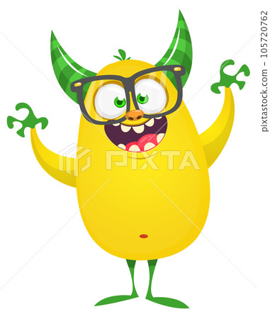 Scary cartoon pink monster wearing eyeglasses and waving. Vector cute monster mascot illustration for Halloween 105720762