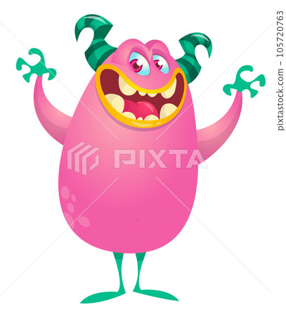Scared cartoon pink monster waving. Vector cute monster mascot illustration for Halloween 105720763