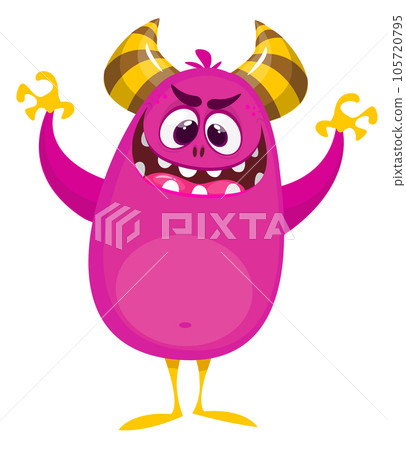 Scared cartoon pink monster waving. Vector cute monster mascot illustration for Halloween 105720795