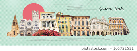 Collage of facades of Italian buildings in old part of town Genoa, Italy. 105721531