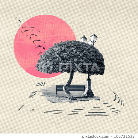Creative art design with tree, sun and bench on nature landscape Creative art design with tree, sun and bench on nature landscape 105721532