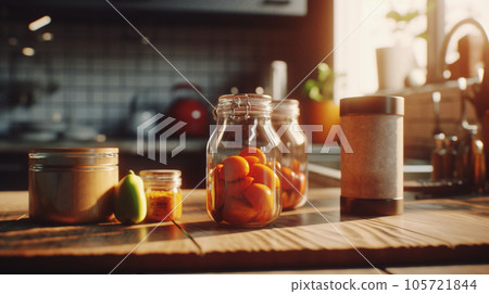 Kitchen with preserved food and cinematic light in the evening food preserving AI generated image 105721844