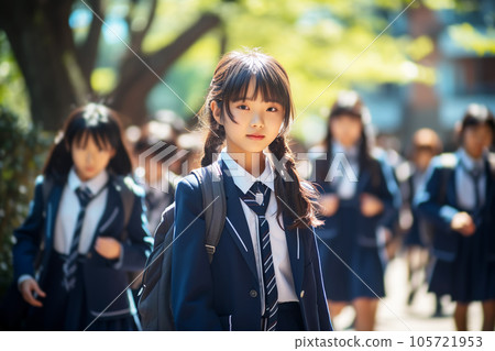 Japanese schoolgirl in uniform and schoolchildren go to school on a sunny day. Generative AI illustration Japanese schoolgirl in uniform and schoolchildren go to school on a sunny day. Generative AI illustration 105721953