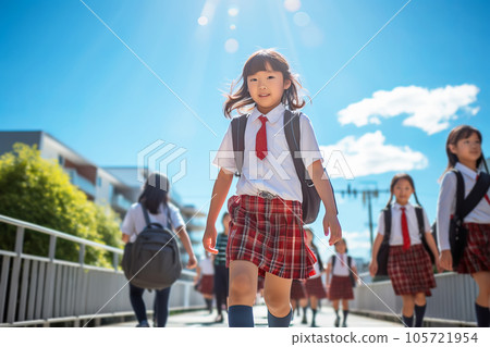 Happy japanese schoolgirl in uniform goes to school on a sunny day. Generative AI illustration 105721954