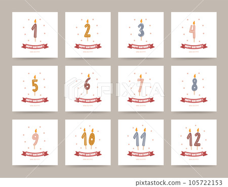Birthday numbers candles with burning flames. Cute boho elements for celebration. Templates for invitation card to party. Vector illustration in flat cartoon style Birthday numbers candles with burning flames. Cute boho elements for celebration. Templates for invitation card to party. Vector illustration in flat cartoon style 105722153
