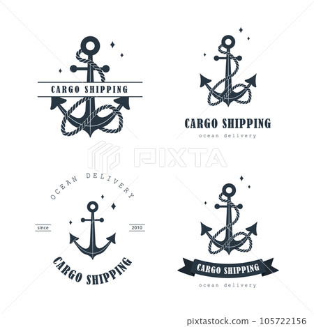 Set of Cargo shipping logos. Ocean delivery. Sea freight transportation and logistics. Export and import over world. Vector illustration in flat style Set of Cargo shipping logos. Ocean delivery. Sea freight transportation and logistics. Export and import over world. Vector illustration in flat style 105722156