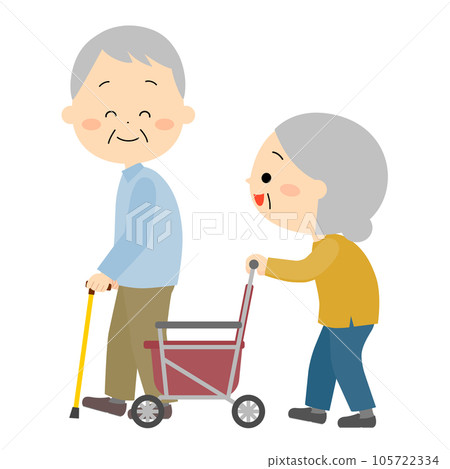 Elderly couple walking while talking 105722334