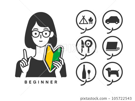 Woman with beginner mark & icon material set Woman with beginner mark & icon material set 105722543