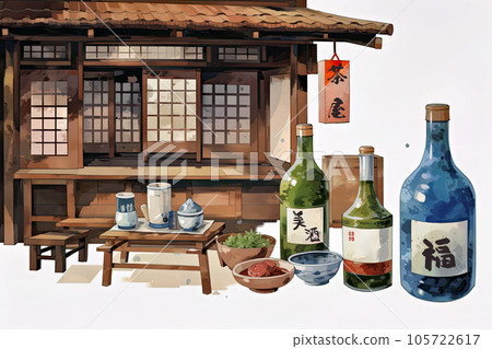 Japanese sake and old traditional tea house Japanese sake and old traditional tea house 105722617