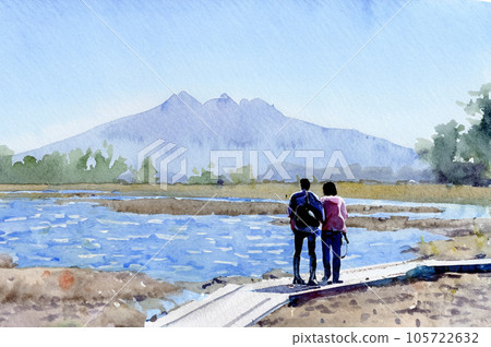 丈夫和妻子在濕地/濕地的木路上看風景水彩插圖生成AI 丈夫和妻子在濕地/濕地的木路上看風景水彩插圖生成AI 105722632