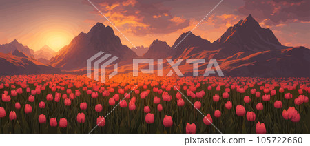 A field of tulips against the backdrop of mountains. Spring banner vector illustration. huge field of colorful tulips. Behind the field is a mountain range. Sunset. clouds of orange 105722660