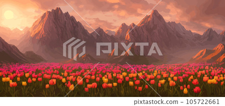 A field of tulips against the backdrop of mountains. Spring banner vector illustration. huge field of colorful tulips. Behind the field is a mountain range. Sunset. clouds of orange A field of tulips against the backdrop of mountains. Spring banner vector illustration. huge field of colorful tulips. Behind the field is a mountain range. Sunset. clouds of orange 105722661