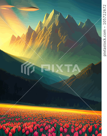 Vector spring background. Dutch landscape with tulip field, trees, hills, mountains. Floral vertical landscape poster cartoon hand drawn style. For posters, advertisements, wallpapers, landing pages 105722672
