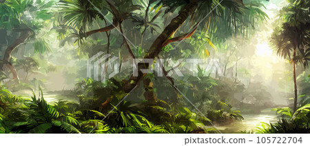 Tropical vintage botanical landscape illustration, palm tree, vegetable flower border background. Exotic green jungle background and wallpaper, forrest, rainforest, plants and nature illustration Tropical vintage botanical landscape illustration, palm tree, vegetable flower border background. Exotic green jungle background and wallpaper, forrest, rainforest, plants and nature illustration 105722704