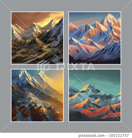 Realistic illustration mountain landscape with a hill forest with coniferous trees, under blue winter sky with space for text. Gray mountains forest retro vintage vector background illustration. Realistic illustration mountain landscape with a hill forest with coniferous trees, under blue winter sky with space for text. Gray mountains forest retro vintage vector background illustration. 105722737