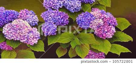 Mountain spring landscape, mountains with snowy peaks, lilac flower bushes, cartoon flat spring nature, green pasture meadow with forests, beautiful spring day mountains, vector illustration banner 105722801