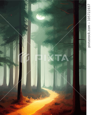 Spooky forest with full moon and floor. Without leaves and branches autumn. Design Halloween season. Vector illustration vertical poster. Horror wood, trees, night, fog, strange, terrible, terrible 105722837