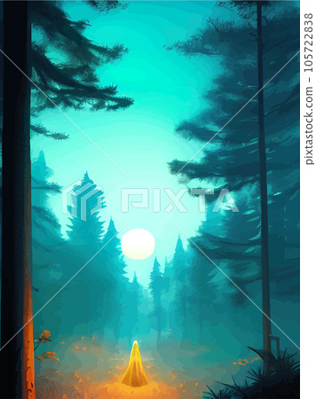 Spooky forest with full moon and floor. Without leaves and branches autumn. Design Halloween season. Vector illustration vertical poster. Horror wood, trees, night, fog, strange, terrible, terrible 105722838