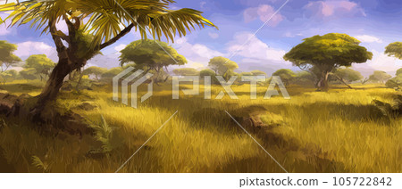 Wild savanna landscape. Savannah, African wild nature with acacia trees, grass, sand and water. Africa landscape panorama. Kenya National Park, panoramic view. Flat vector illustration 105722842