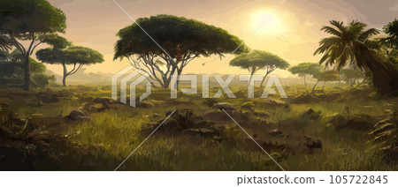 Wild savanna landscape. Savannah, African wild nature with acacia trees, grass, sand and water. Africa landscape panorama. Kenya National Park, panoramic view. Flat vector illustration 105722845