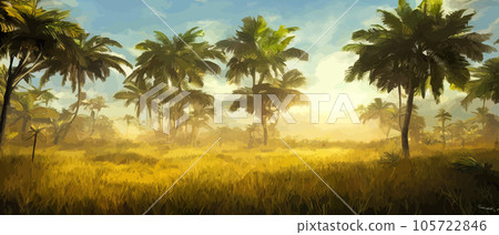 Wild savanna landscape. Savannah, African wild nature with acacia trees, grass, sand and water. Africa landscape panorama. Kenya National Park, panoramic view. Flat vector illustration 105722846