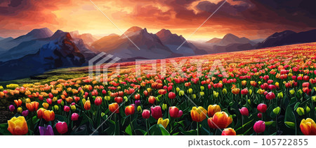 Vector illustration of Spring in the Mountains for logotype, t-shirt, banner, magazine, poster, decoration, postcard. Spring in the Mountains background. Spring 105722855